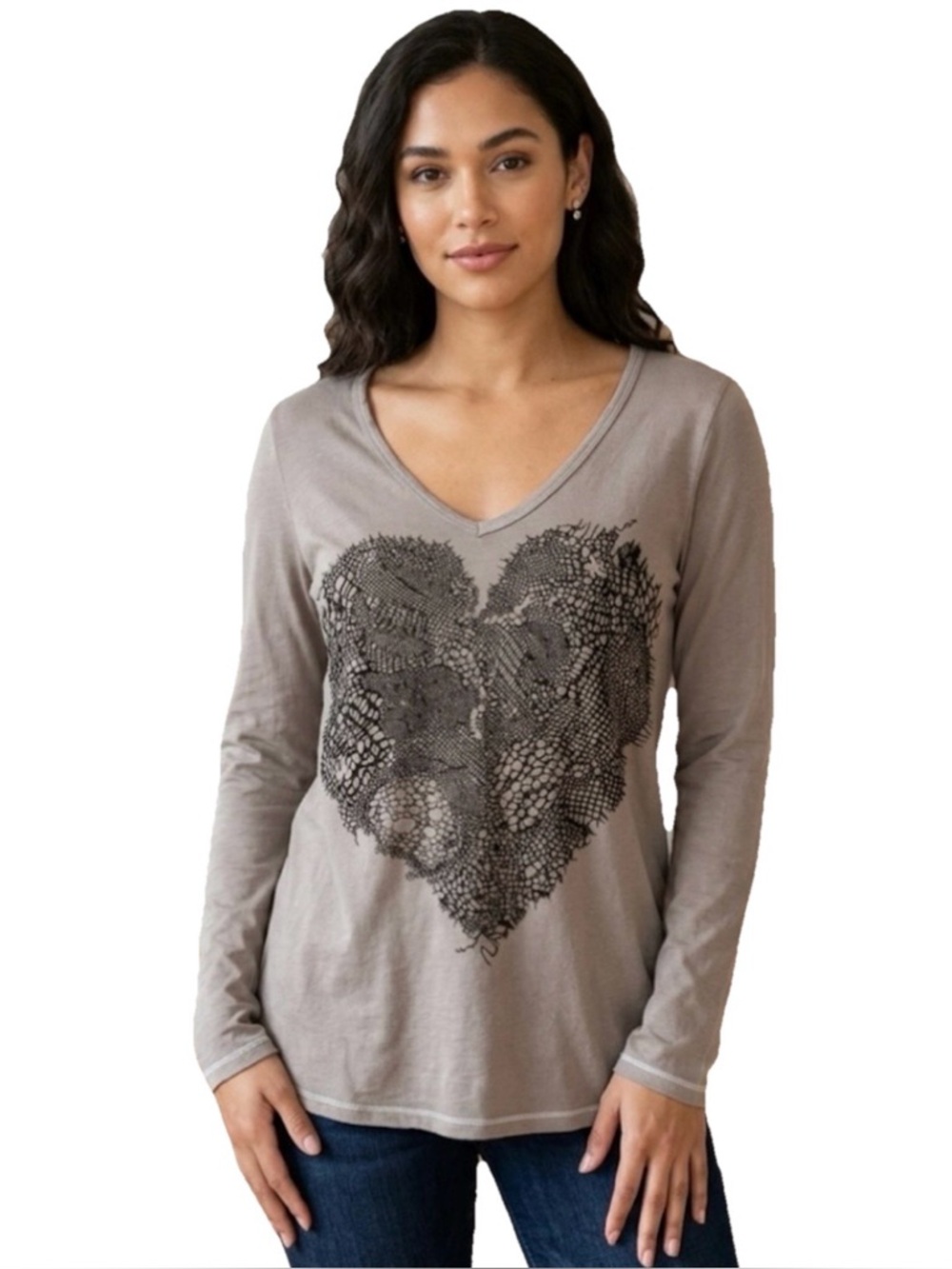 Lauren Moshi Net Web Heart Women’s Brownish Grey Long Sleeve Size Small